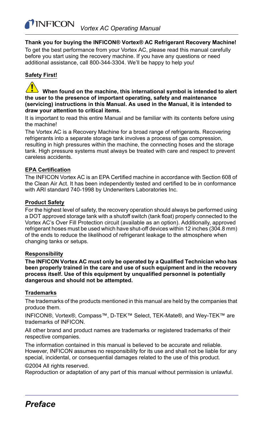 Preface | INFICON Vortex AC Refrigerant Recovery Machine 115V User Manual | Page 2 / 20