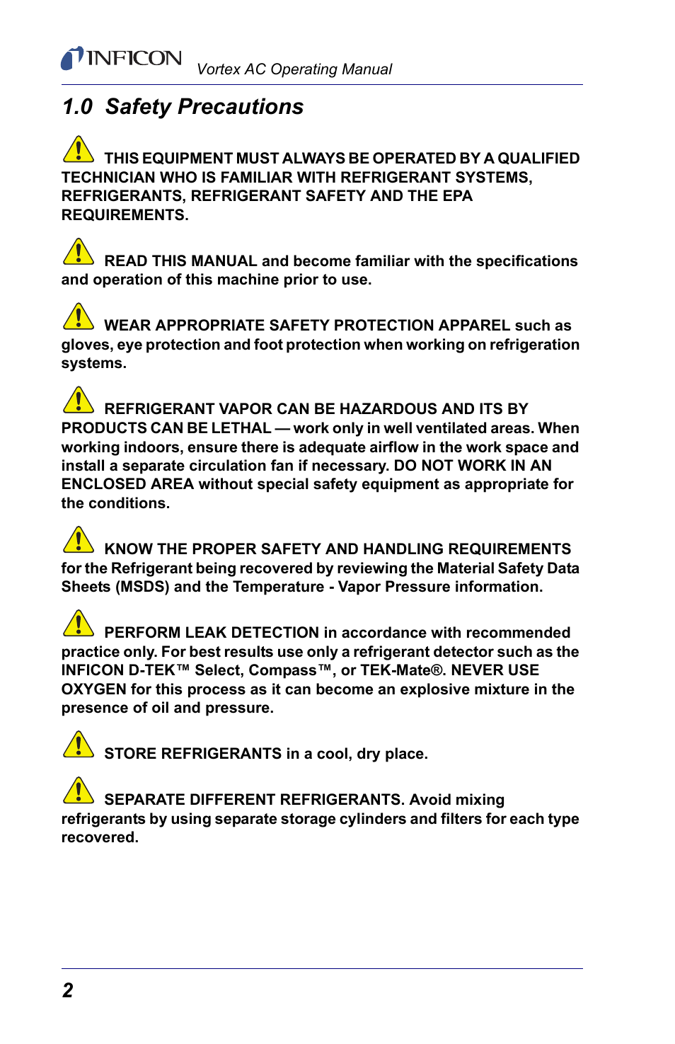 0 safety precautions, Safety precaut | INFICON Vortex AC Refrigerant Recovery Machine 115V User Manual | Page 4 / 20