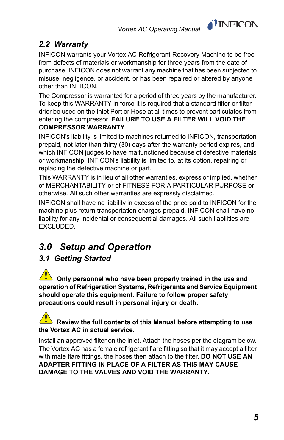 2 warranty, 0 setup and operation, 1 getting started | Setu | INFICON Vortex AC Refrigerant Recovery Machine 115V User Manual | Page 7 / 20