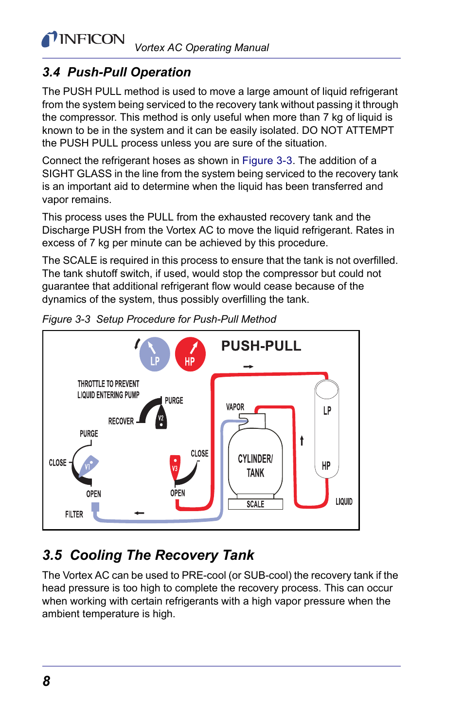 4 push-pull operation, 5 cooling the recovery tank | INFICON Vortex AC Refrigerant Recovery Machine 230V User Manual | Page 10 / 16