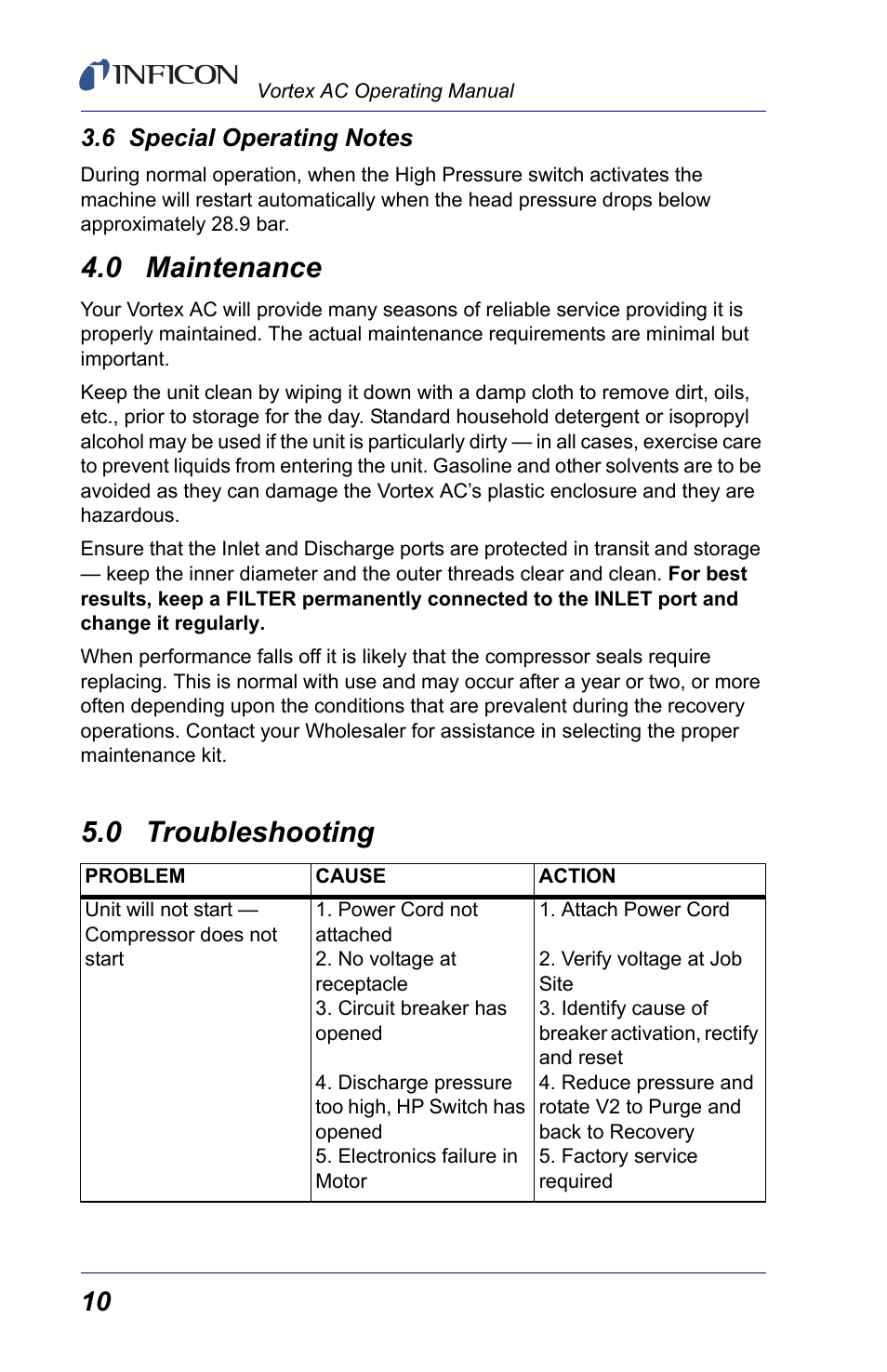 6 special operating notes, 0 maintenance, 0 troubleshooting | Main | INFICON Vortex AC Refrigerant Recovery Machine 230V User Manual | Page 12 / 16