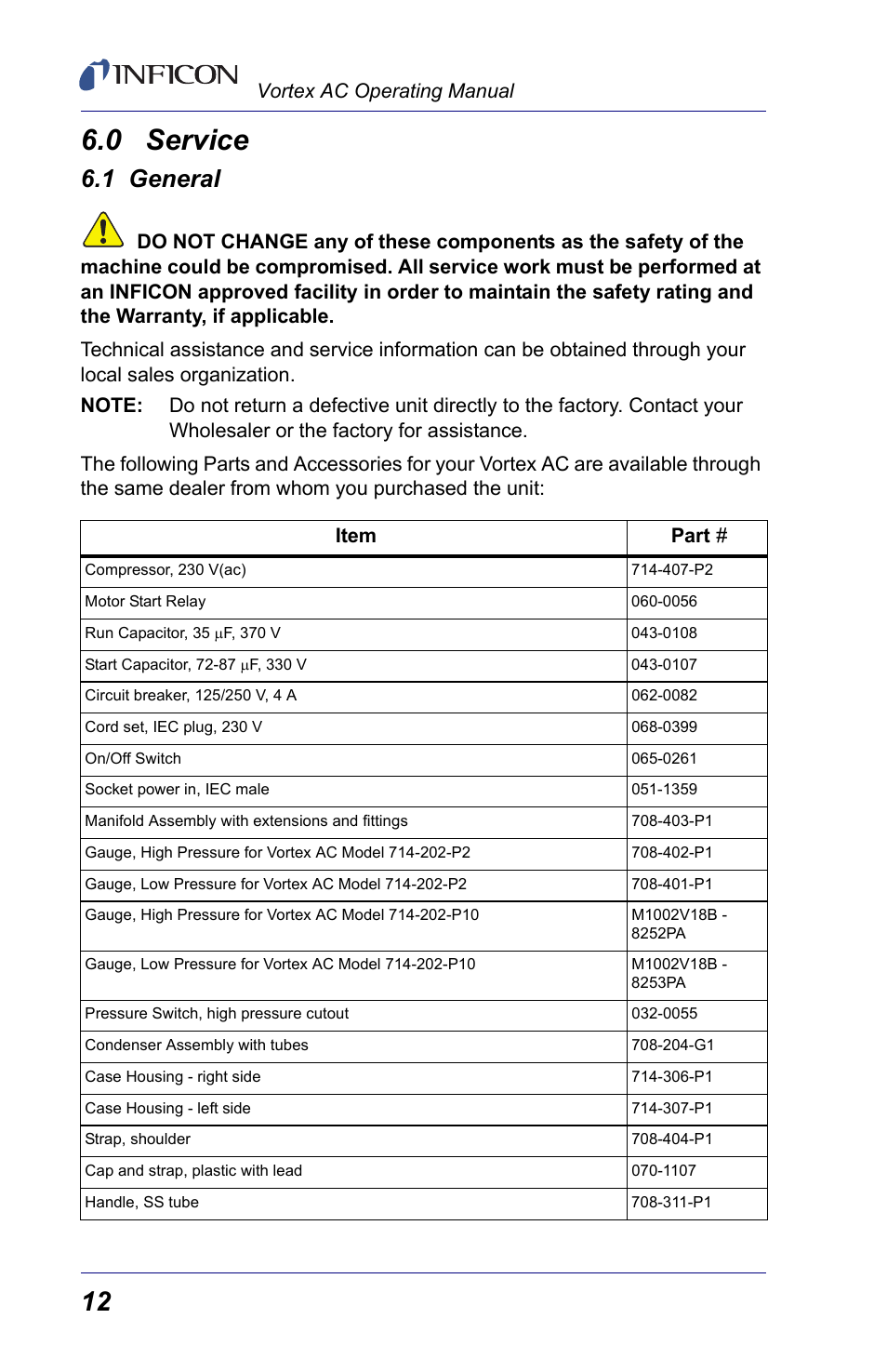 0 service, 1 general, Servi | Vortex ac operating manual | INFICON Vortex AC Refrigerant Recovery Machine 230V User Manual | Page 14 / 16