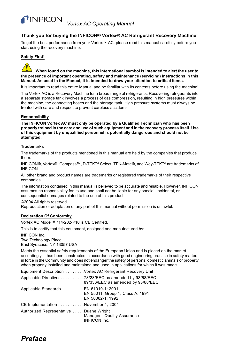 Preface, Vortex ac operating manual | INFICON Vortex AC Refrigerant Recovery Machine 230V User Manual | Page 2 / 16