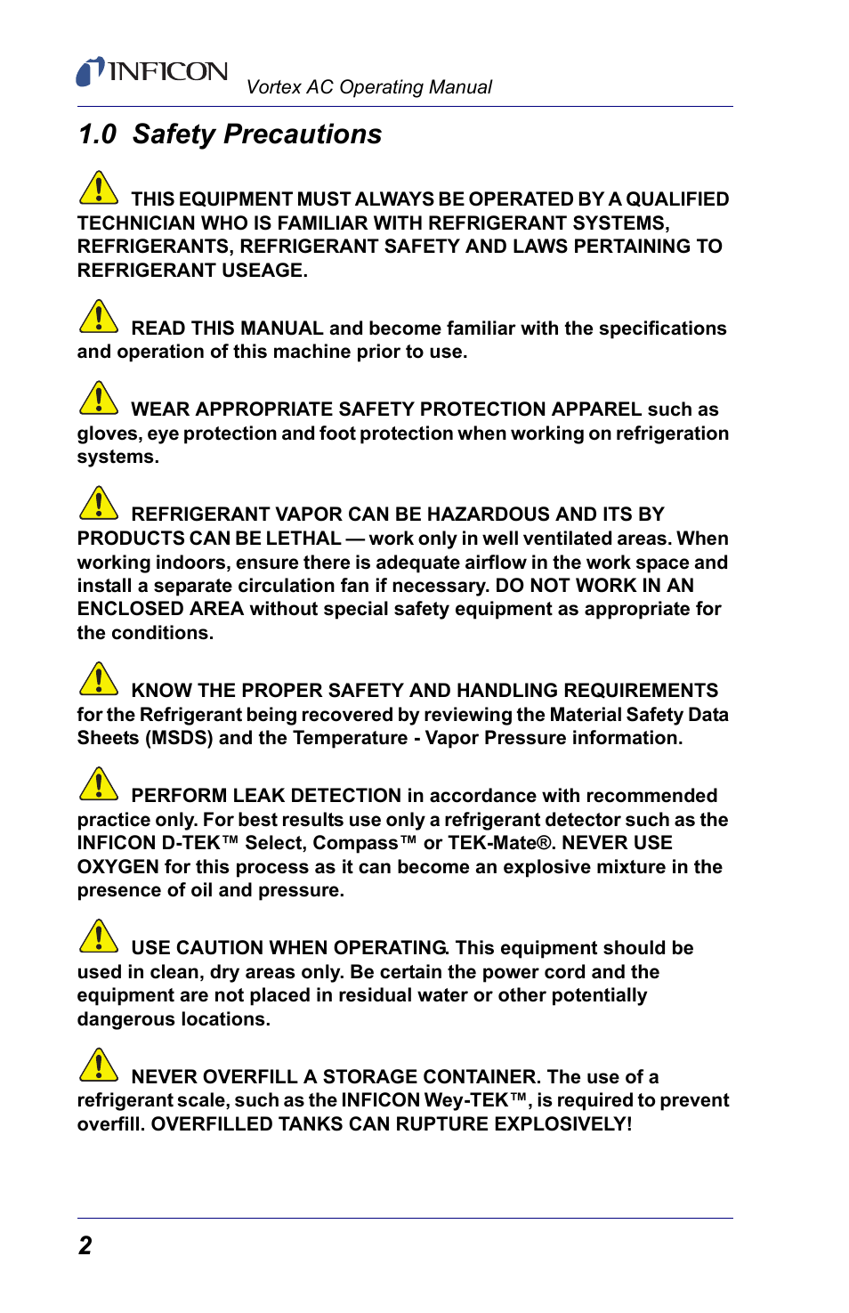 0 safety precautions, Safety precaut | INFICON Vortex AC Refrigerant Recovery Machine 230V User Manual | Page 4 / 16
