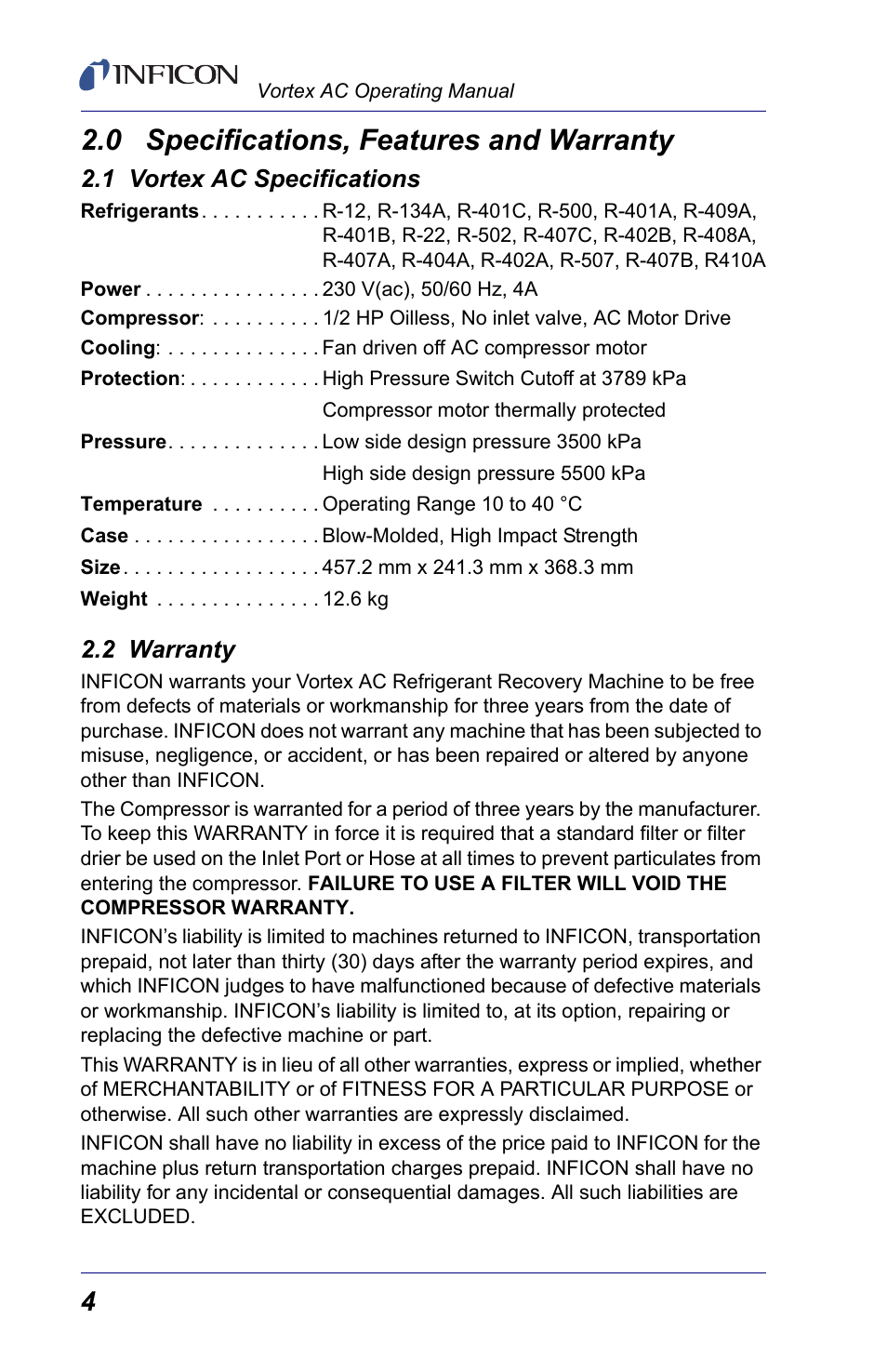 0 specifications, features and warranty, 1 vortex ac specifications, 2 warranty | INFICON Vortex AC Refrigerant Recovery Machine 230V User Manual | Page 6 / 16