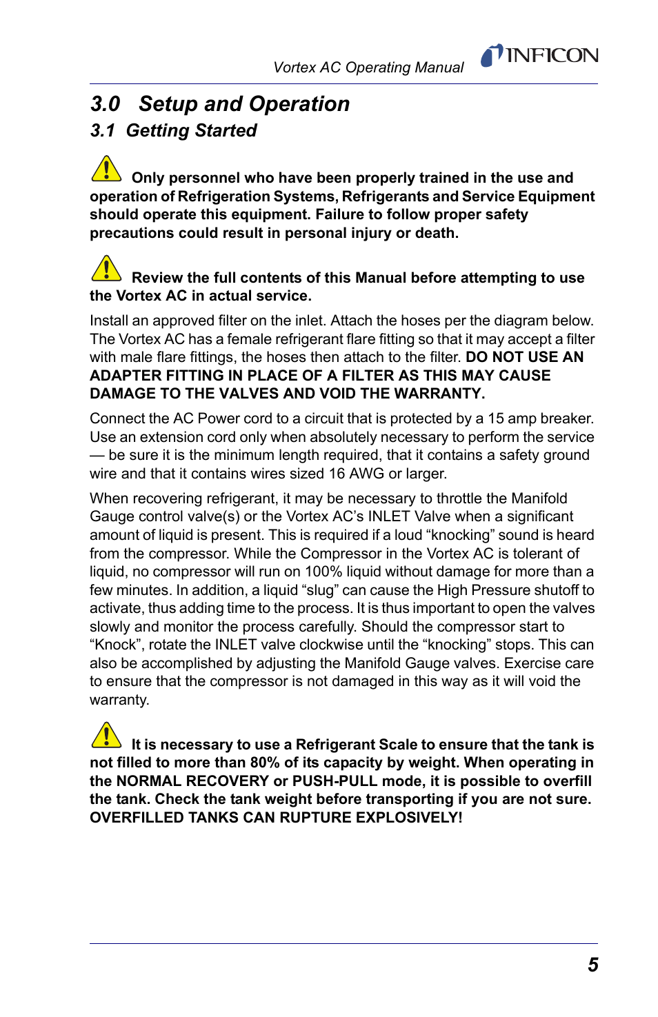 0 setup and operation, 1 getting started, Setu | INFICON Vortex AC Refrigerant Recovery Machine 230V User Manual | Page 7 / 16