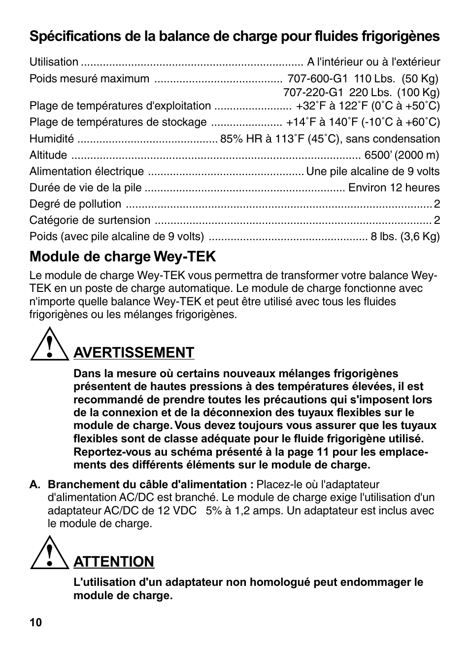 Module de charge wey-tek, Avertissement, Attention | INFICON Wey-TEK Refrigerant Charging Scale & Optional Charging Module User Manual | Page 10 / 44