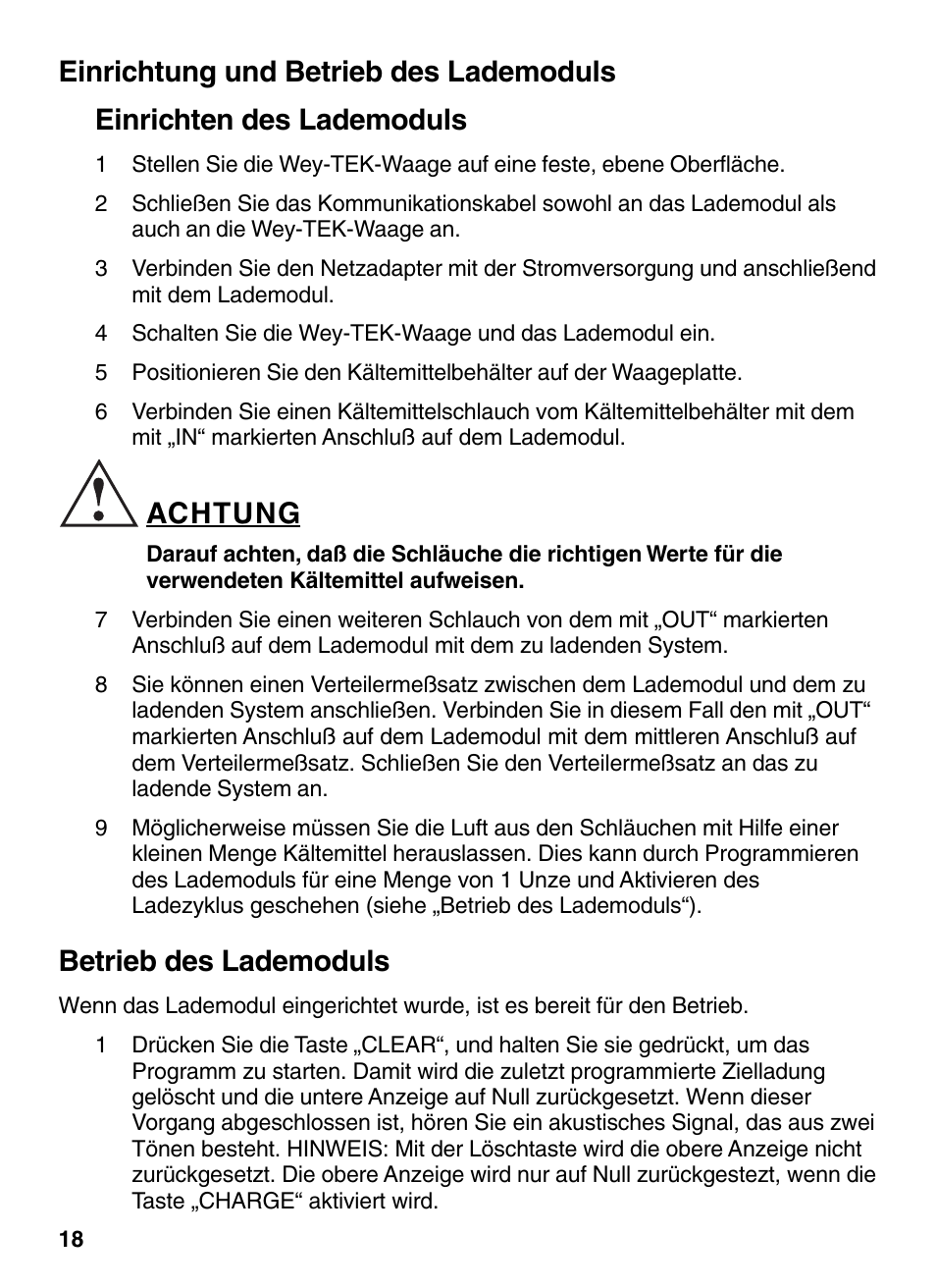 Achtung, Betrieb des lademoduls | INFICON Wey-TEK Refrigerant Charging Scale & Optional Charging Module User Manual | Page 18 / 44