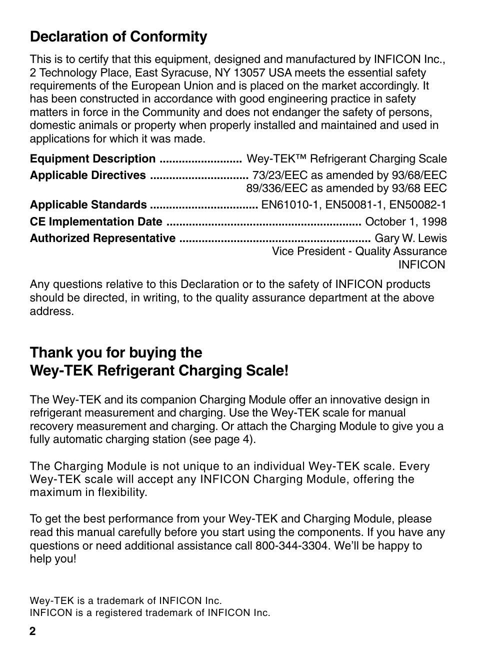 Declaration of conformity | INFICON Wey-TEK Refrigerant Charging Scale & Optional Charging Module User Manual | Page 2 / 44