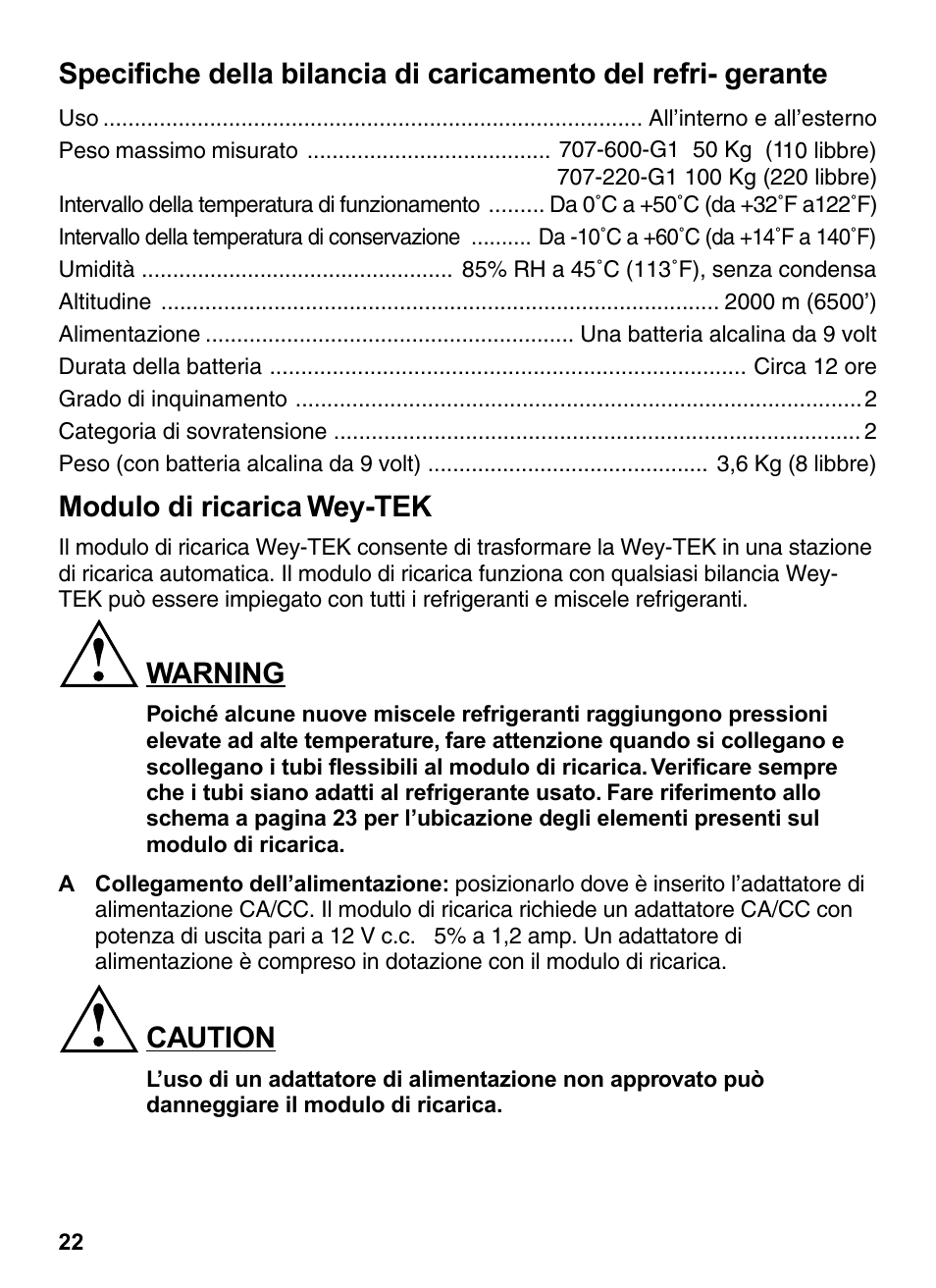 Modulo di ricarica wey-tek, Warning, Caution | INFICON Wey-TEK Refrigerant Charging Scale & Optional Charging Module User Manual | Page 22 / 44