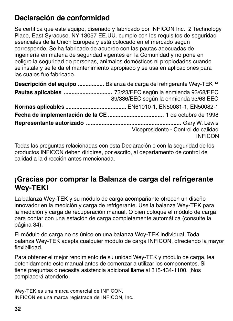 Declaración de conformidad | INFICON Wey-TEK Refrigerant Charging Scale & Optional Charging Module User Manual | Page 32 / 44