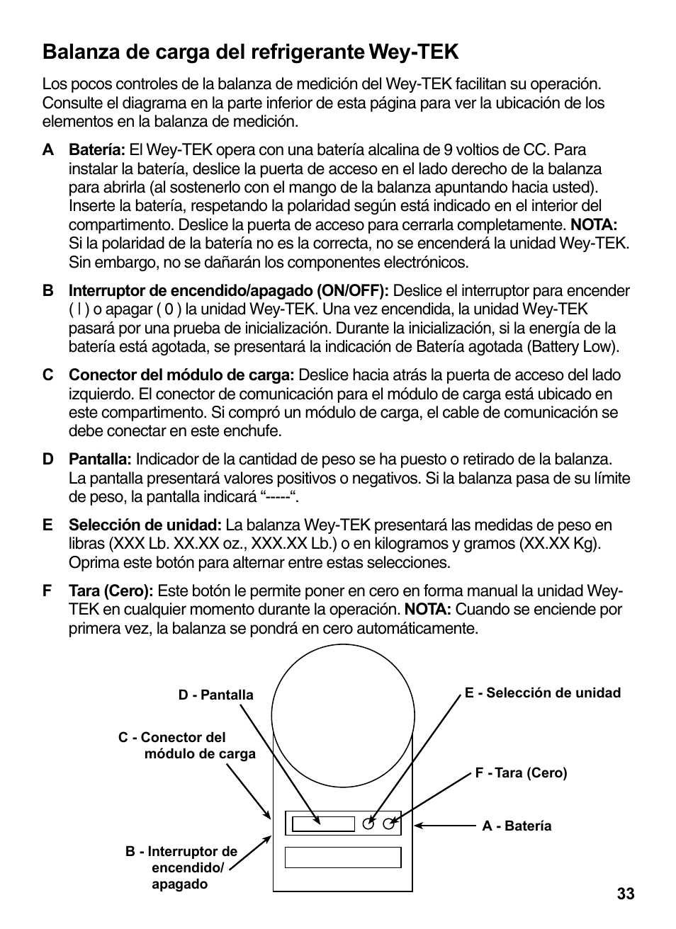 Balanza de carga del refrigerante wey-tek | INFICON Wey-TEK Refrigerant Charging Scale & Optional Charging Module User Manual | Page 33 / 44
