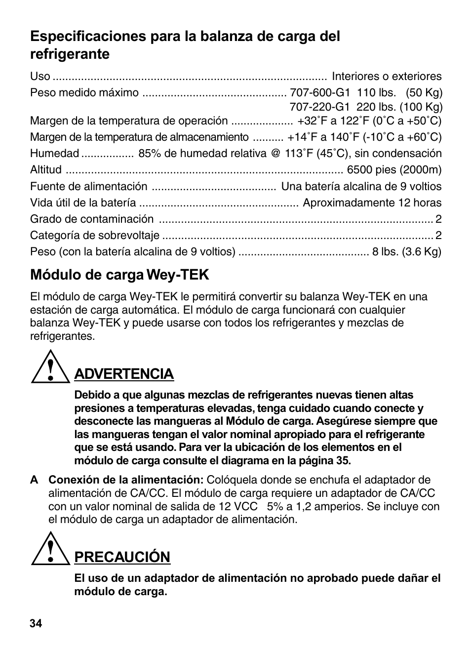 Módulo de carga wey-tek, Advertencia, Precaución | INFICON Wey-TEK Refrigerant Charging Scale & Optional Charging Module User Manual | Page 34 / 44