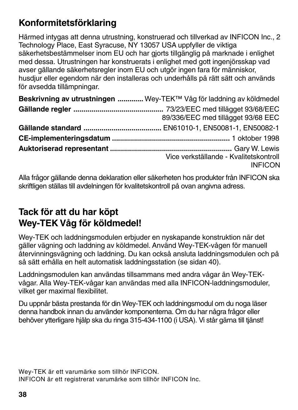 Konformitetsförklaring, Tack för att du har köpt wey-tek våg för köldmedel | INFICON Wey-TEK Refrigerant Charging Scale & Optional Charging Module User Manual | Page 38 / 44