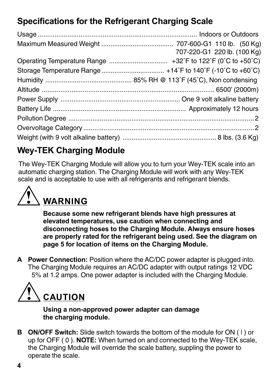 Specifications for the refrigerant charging scale, Wey-tek charging module, Warning | Caution | INFICON Wey-TEK Refrigerant Charging Scale & Optional Charging Module User Manual | Page 4 / 44