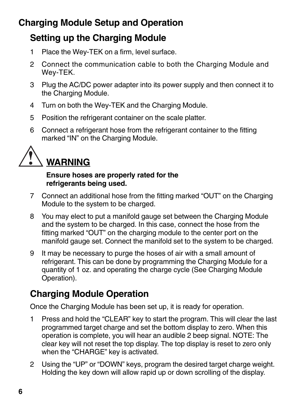 Warning, Charging module operation | INFICON Wey-TEK Refrigerant Charging Scale & Optional Charging Module User Manual | Page 6 / 44