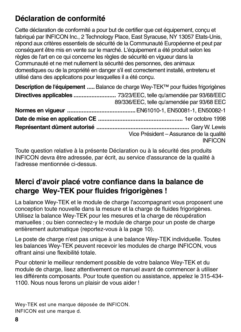 Déclaration de conformité | INFICON Wey-TEK Refrigerant Charging Scale & Optional Charging Module User Manual | Page 8 / 44