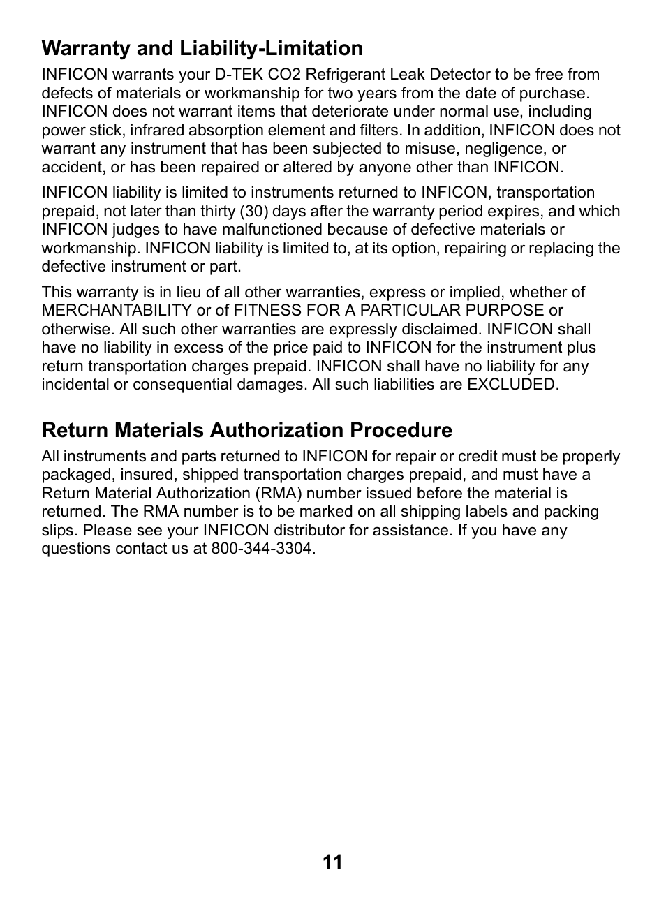 Warranty and liability-limitation, Return materials authorization procedure | INFICON D-TEK CO2 Refrigerant Leak Detector User Manual | Page 11 / 12