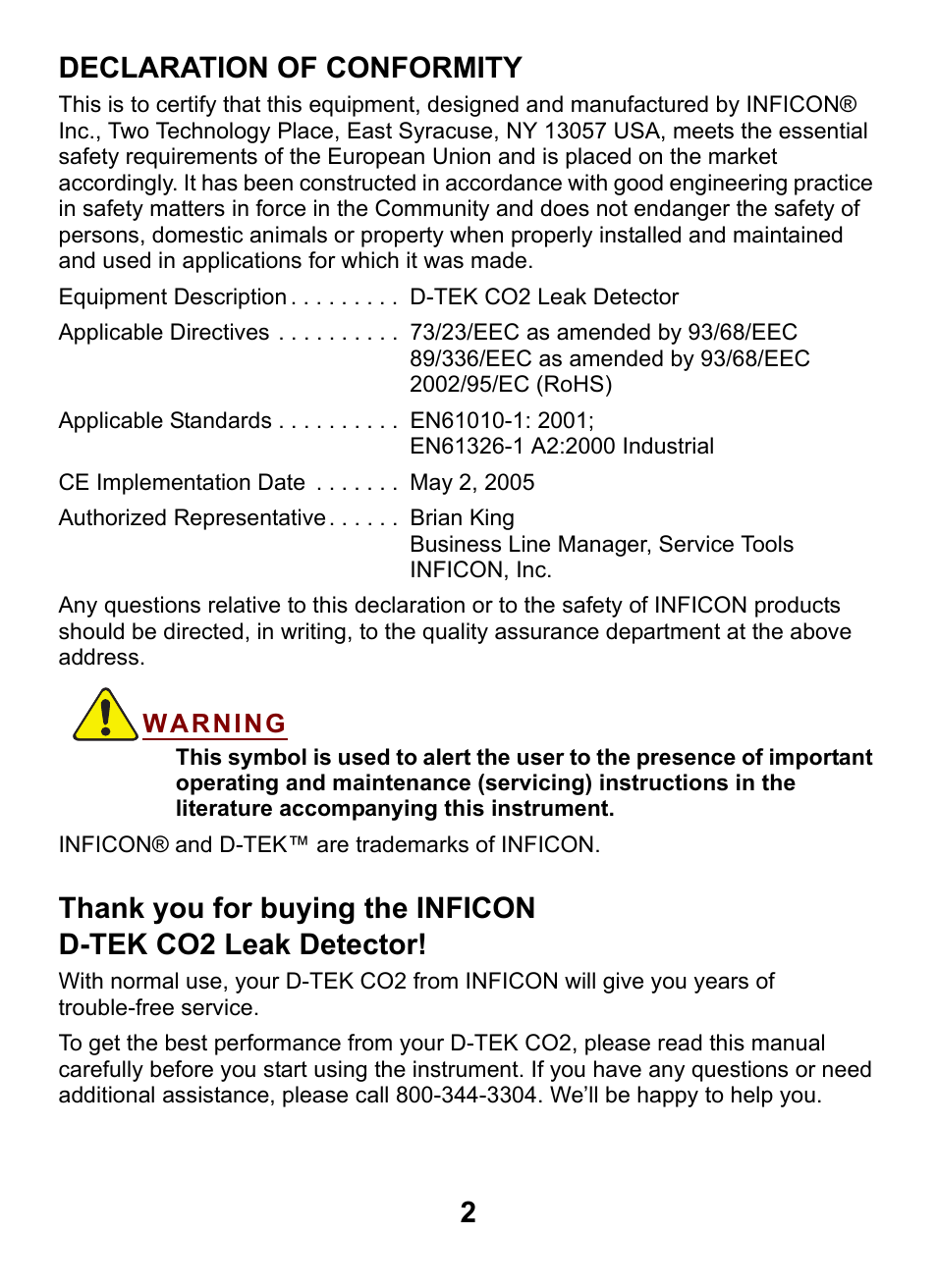 Declaration of conformity, 2declaration of conformity | INFICON D-TEK CO2 Refrigerant Leak Detector User Manual | Page 2 / 12