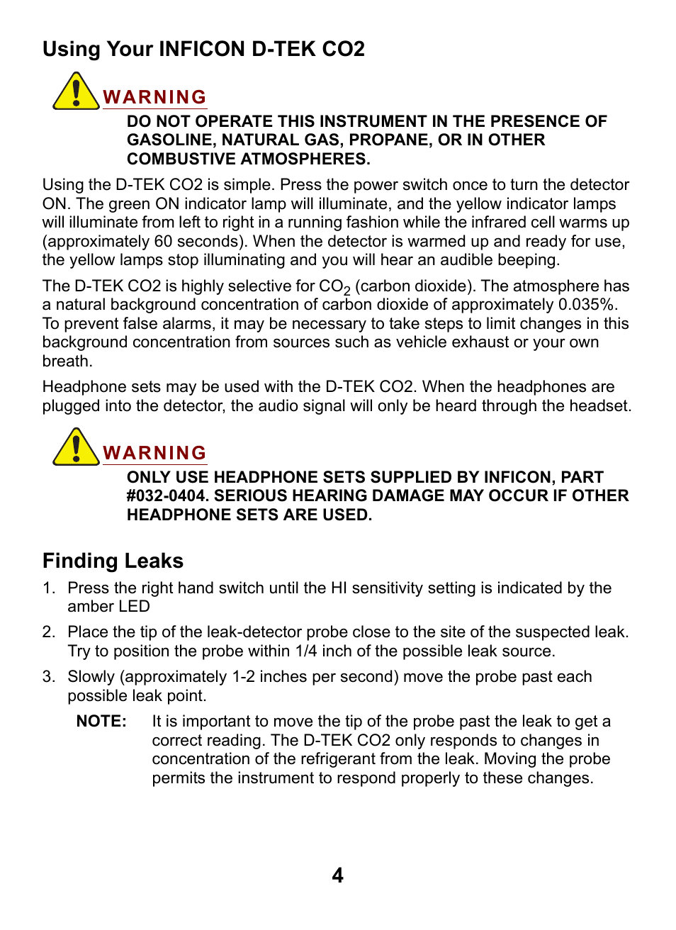 Using your inficon d-tek co2, Finding leaks, 4using your inficon d-tek co2 | INFICON D-TEK CO2 Refrigerant Leak Detector User Manual | Page 4 / 12
