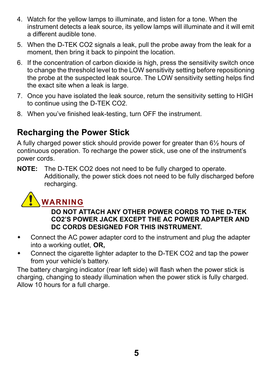 Recharging the power stick | INFICON D-TEK CO2 Refrigerant Leak Detector User Manual | Page 5 / 12