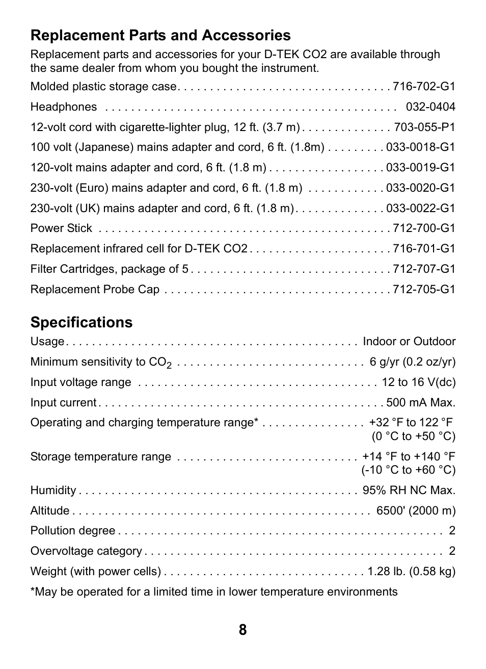 Replacement parts and accessories, Specifications, 8replacement parts and accessories | INFICON D-TEK CO2 Refrigerant Leak Detector User Manual | Page 8 / 12