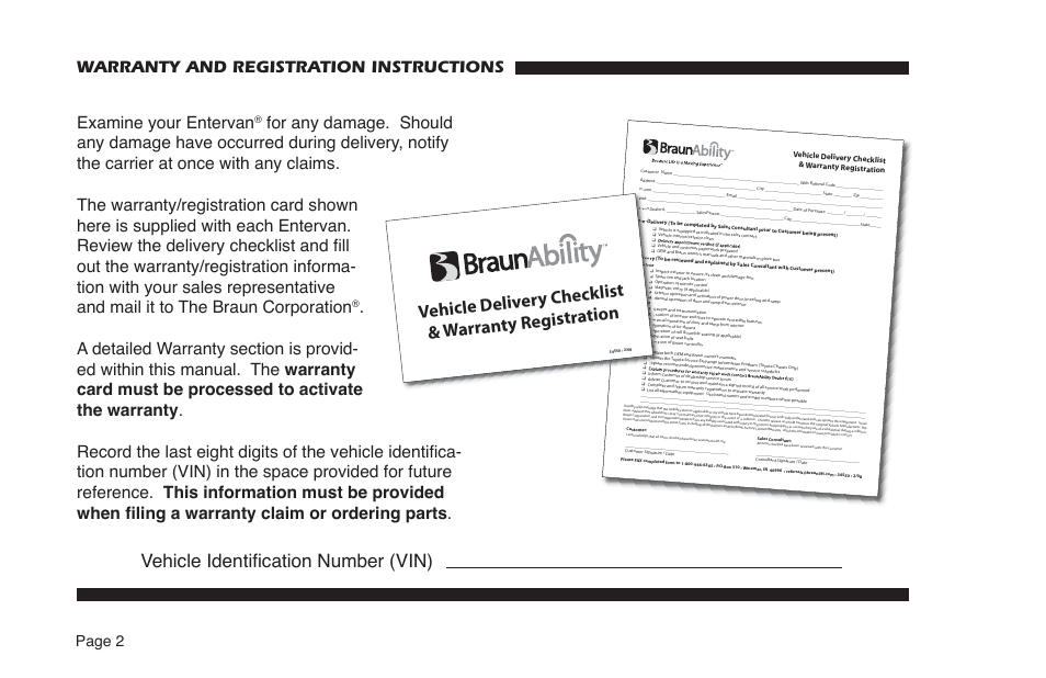 Vehicle identification number (vin), Warranty and registration instructions, Examine your entervan | Page 2 | Braun 34443 User Manual | Page 4 / 62