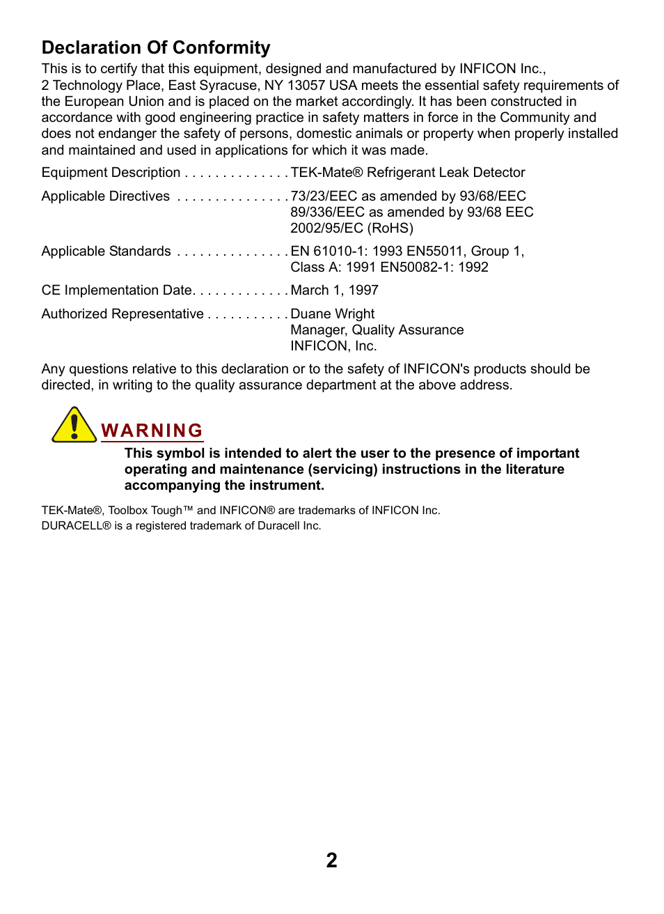 Declaration of conformity | INFICON TEK-Mate Refrigerant Leak Detector User Manual | Page 2 / 12