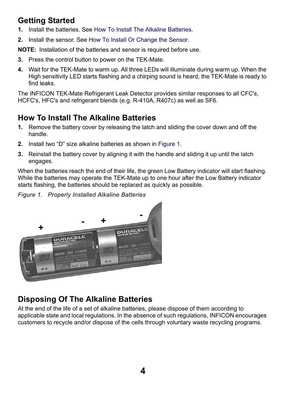 Getting started, How to install the alkaline batteries, Disposing of the alkaline batteries | INFICON TEK-Mate Refrigerant Leak Detector User Manual | Page 4 / 12