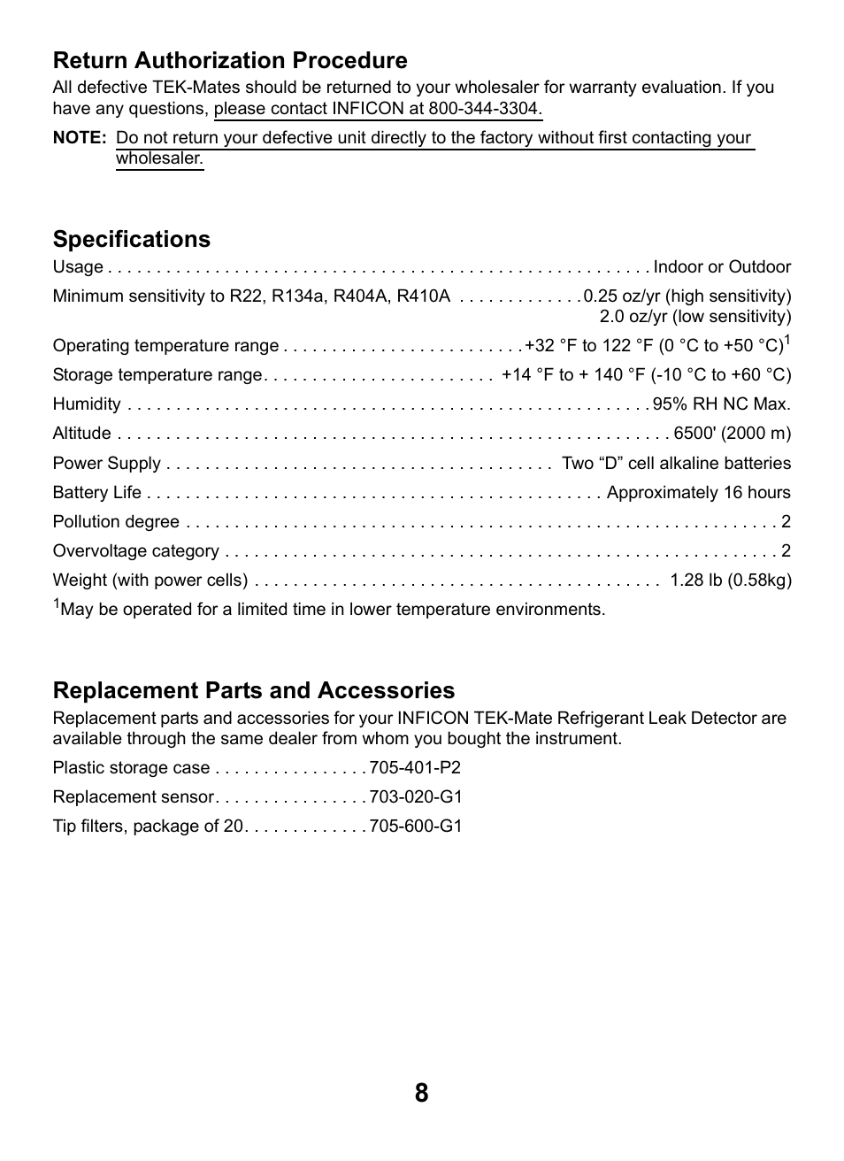 Return authorization procedure, Specifications, Replacement parts and accessories | INFICON TEK-Mate Refrigerant Leak Detector User Manual | Page 8 / 12