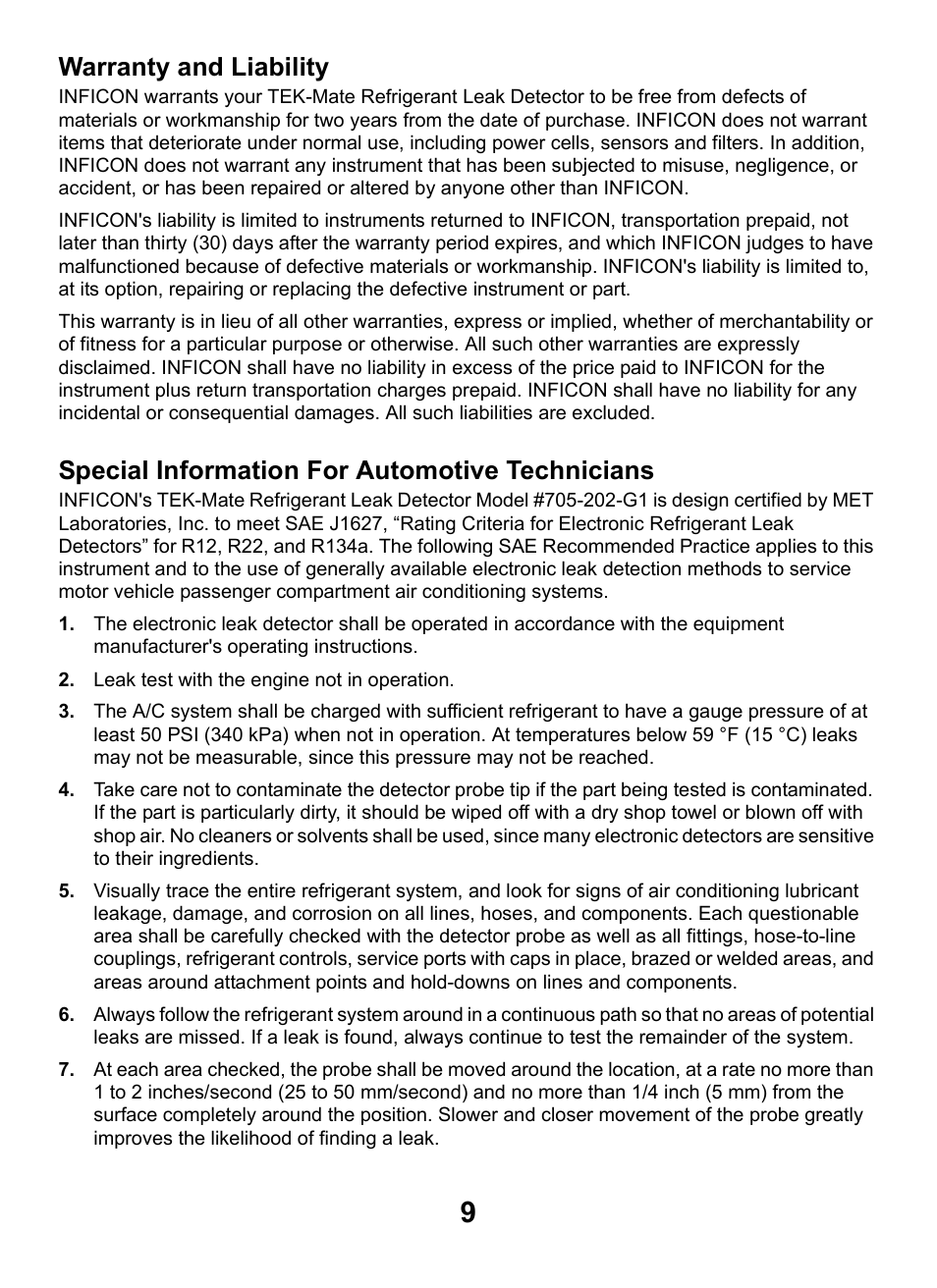 Warranty and liability, Special information for automotive technicians | INFICON TEK-Mate Refrigerant Leak Detector User Manual | Page 9 / 12