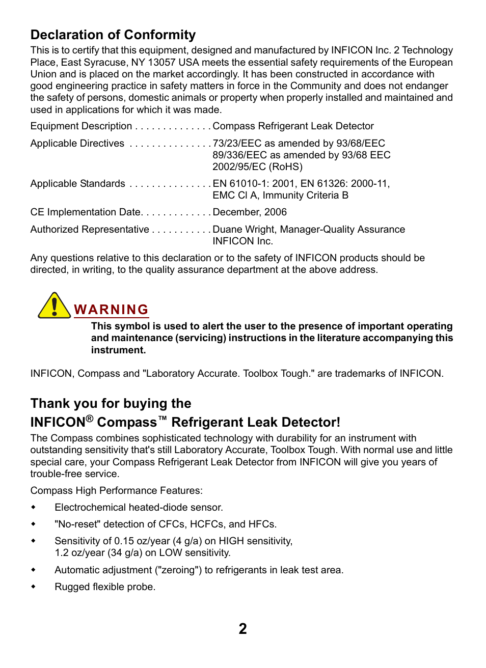 Declaration of conformity, Warning, Compass | Refrigerant leak detector | INFICON Compass Refrigerant Leak Detector User Manual | Page 2 / 12