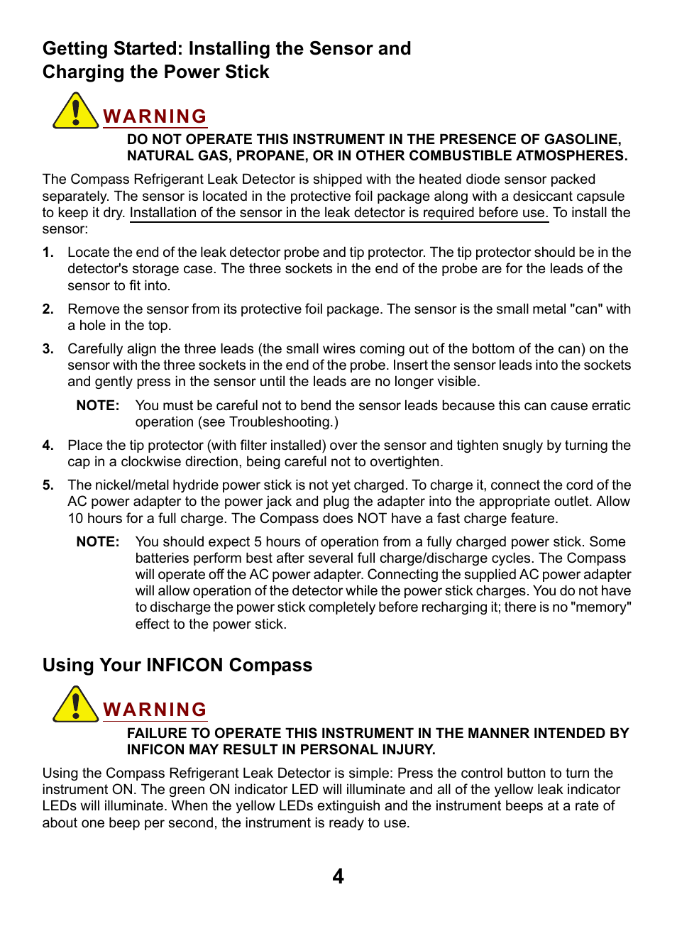 Using your inficon compass | INFICON Compass Refrigerant Leak Detector User Manual | Page 4 / 12