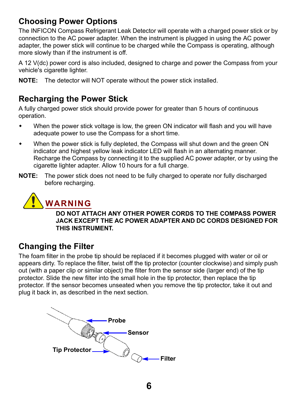 Choosing power options, Recharging the power stick, Changing the filter | INFICON Compass Refrigerant Leak Detector User Manual | Page 6 / 12