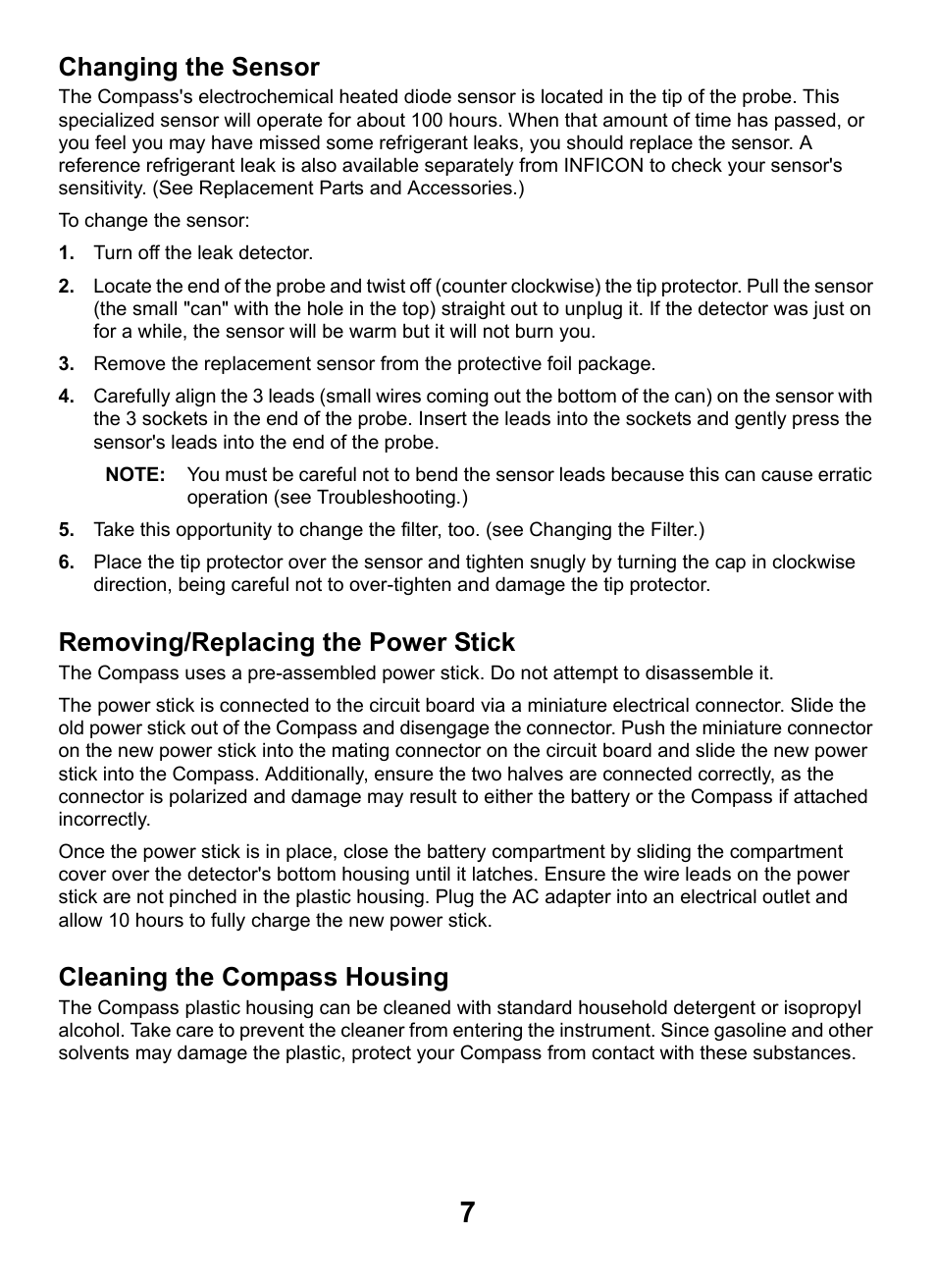 Changing the sensor, Removing/replacing the power stick, Cleaning the compass housing | INFICON Compass Refrigerant Leak Detector User Manual | Page 7 / 12