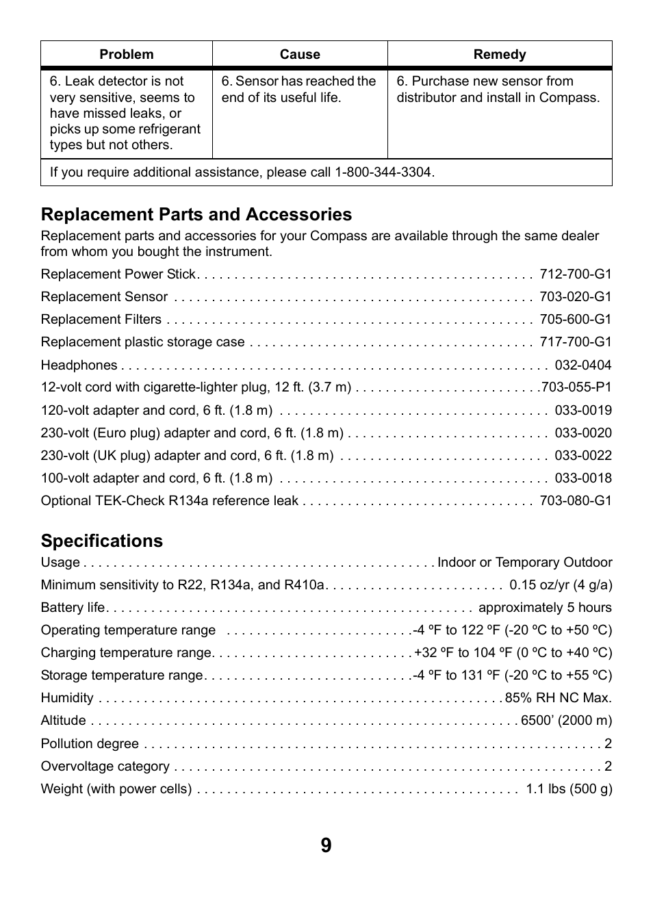 Replacement parts and accessories, Specifications | INFICON Compass Refrigerant Leak Detector User Manual | Page 9 / 12