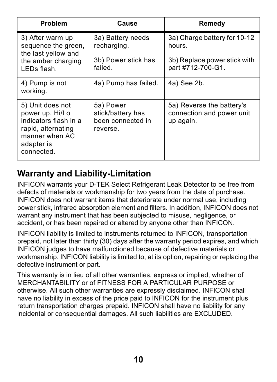 Warranty and liability-limitation, 10 warranty and liability-limitation | INFICON D-TEK Select Refrigerant Leak Detector User Manual | Page 10 / 12