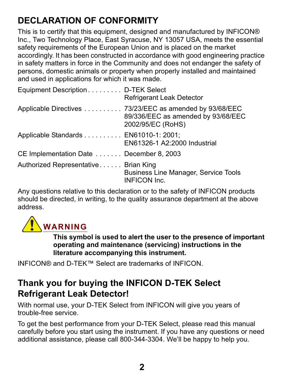 Declaration of conformity, 2declaration of conformity | INFICON D-TEK Select Refrigerant Leak Detector User Manual | Page 2 / 12