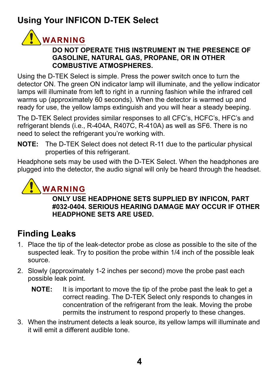 Using your inficon d-tek select, Finding leaks, 4using your inficon d-tek select | INFICON D-TEK Select Refrigerant Leak Detector User Manual | Page 4 / 12