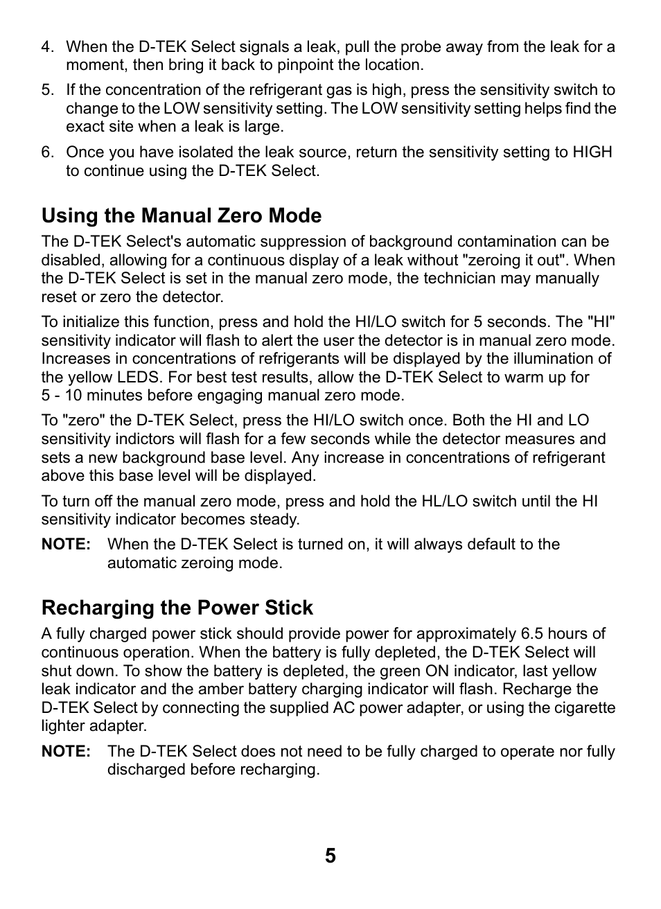 Using the manual zero mode, Recharging the power stick | INFICON D-TEK Select Refrigerant Leak Detector User Manual | Page 5 / 12