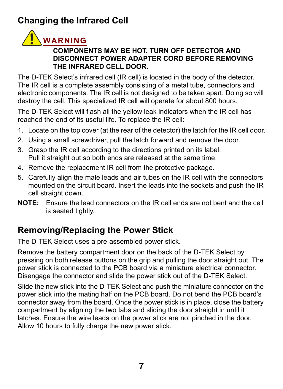 Changing the infrared cell, Removing/replacing the power stick, 7changing the infrared cell | INFICON D-TEK Select Refrigerant Leak Detector User Manual | Page 7 / 12