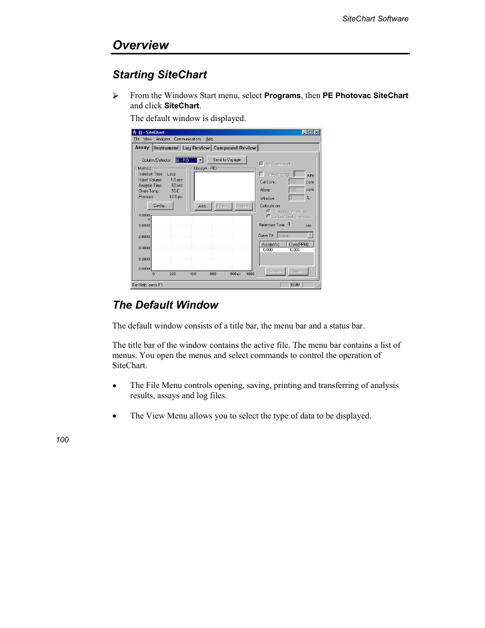 Overview, Starting sitechart, The default window | INFICON Explorer Portable Gas Chromatograph User Manual | Page 102 / 369