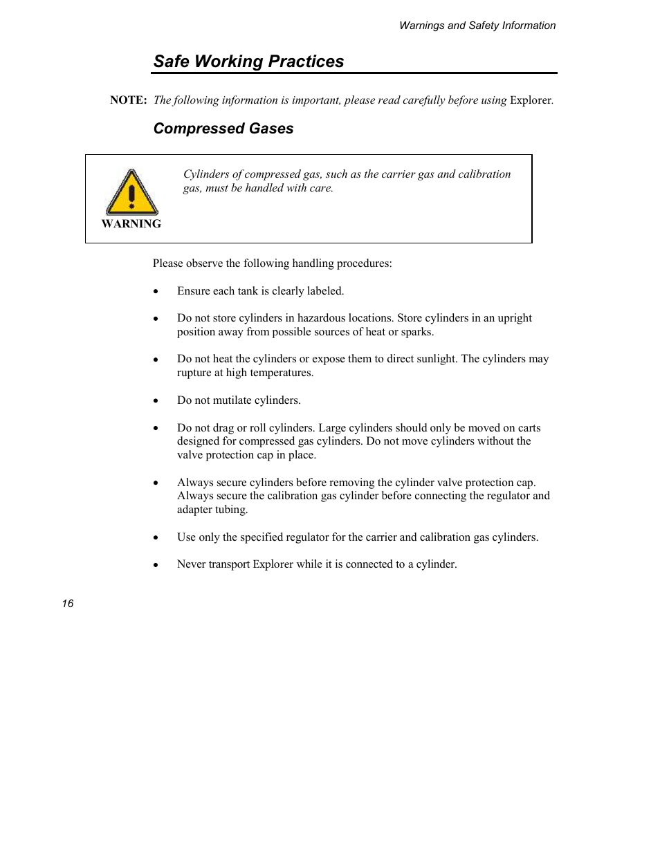 Safe working practices, Compressed gases | INFICON Explorer Portable Gas Chromatograph User Manual | Page 18 / 369