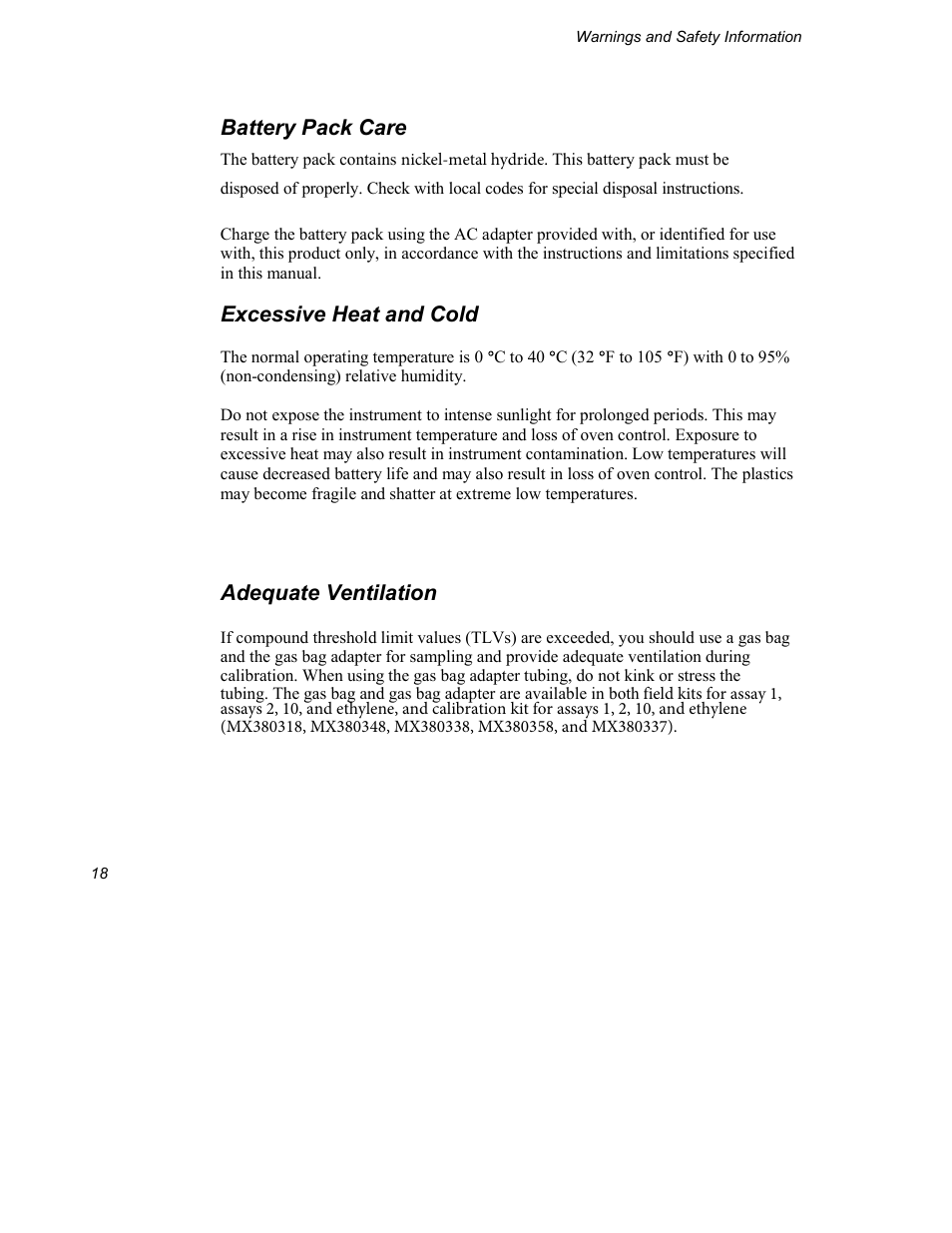 Battery pack care, Excessive heat and cold, Adequate ventilation | INFICON Explorer Portable Gas Chromatograph User Manual | Page 20 / 369