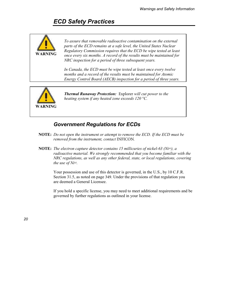 Ecd safety practices, Government regulations for ecds | INFICON Explorer Portable Gas Chromatograph User Manual | Page 22 / 369