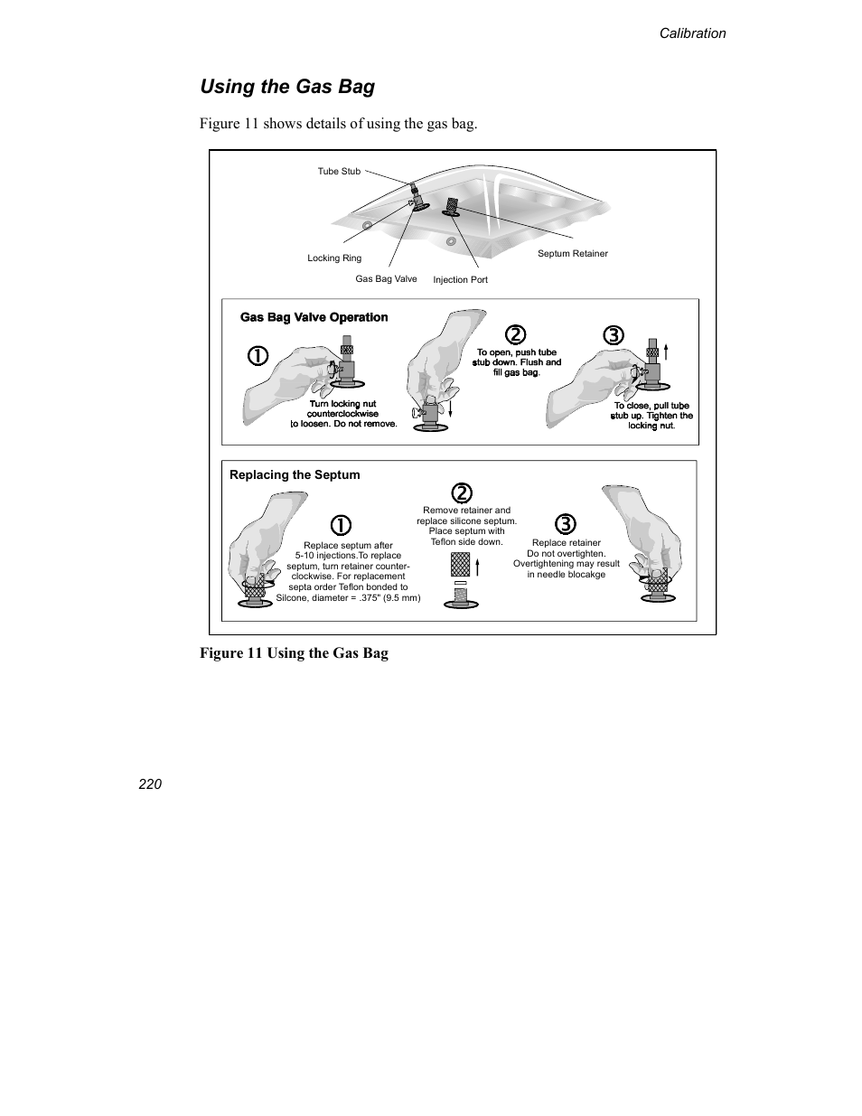 Using the gas bag, Figure 11 shows details of using the gas bag, Figure 11 using the gas bag | INFICON Explorer Portable Gas Chromatograph User Manual | Page 222 / 369
