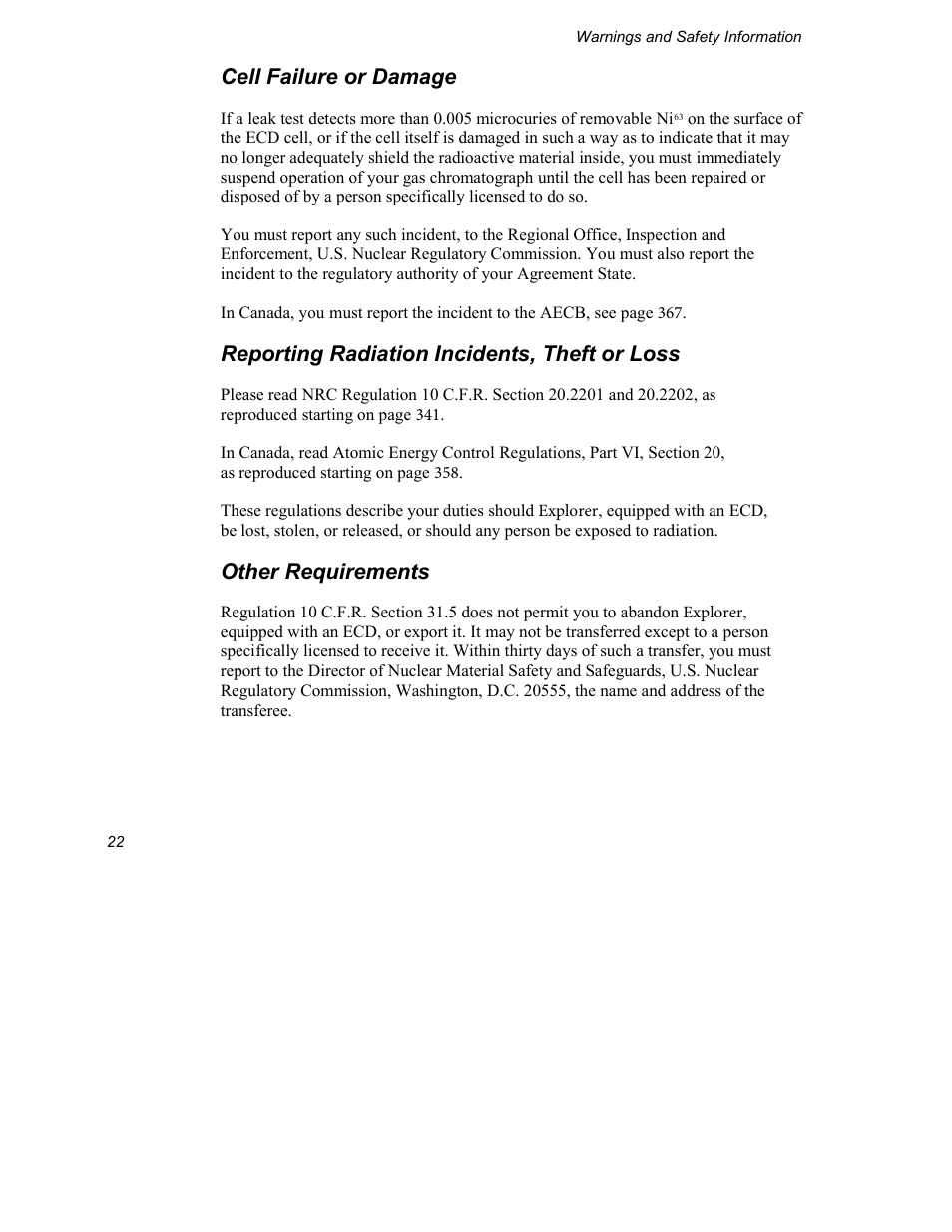 Cell failure or damage, Reporting radiation incidents, theft or loss, Other requirements | INFICON Explorer Portable Gas Chromatograph User Manual | Page 24 / 369