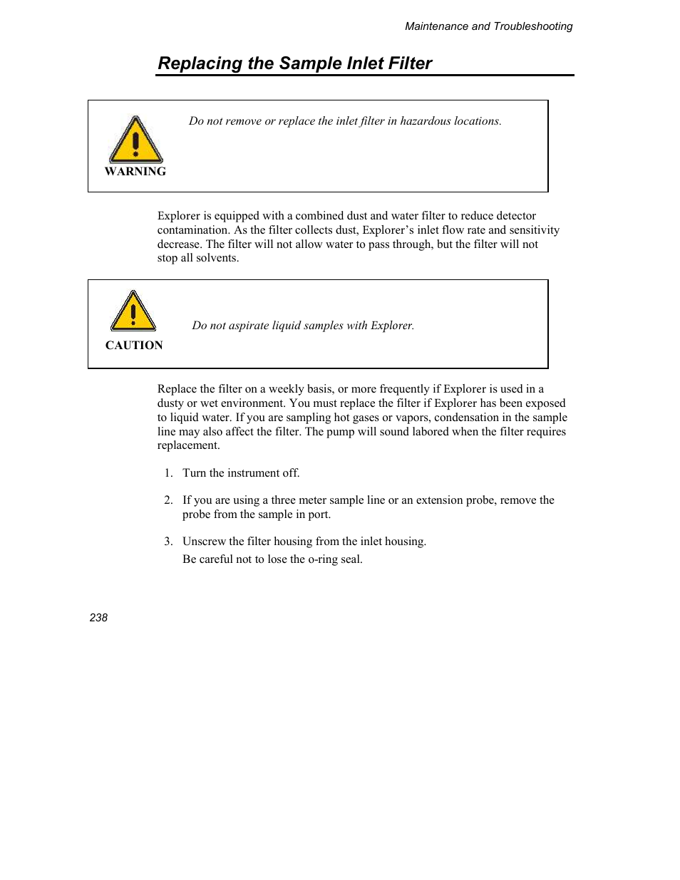 Replacing the sample inlet filter | INFICON Explorer Portable Gas Chromatograph User Manual | Page 240 / 369