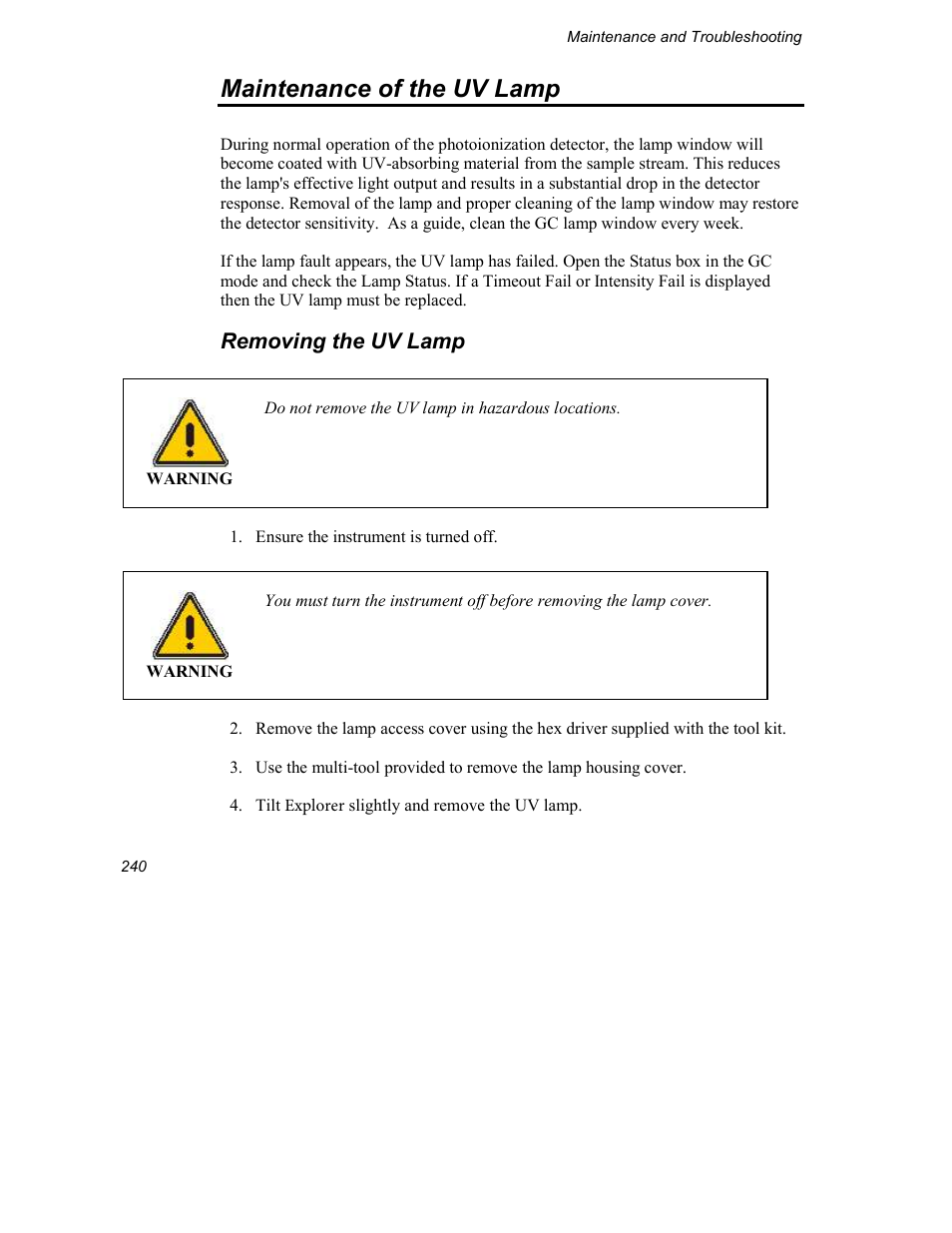 Maintenance of the uv lamp, Removing the uv lamp | INFICON Explorer Portable Gas Chromatograph User Manual | Page 242 / 369