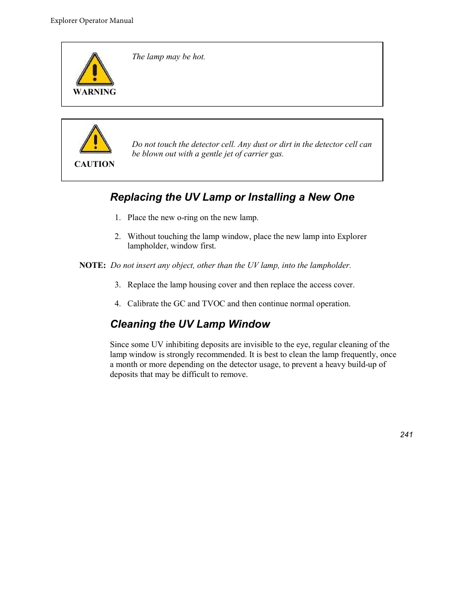 Replacing the uv lamp or installing a new one, Cleaning the uv lamp window | INFICON Explorer Portable Gas Chromatograph User Manual | Page 243 / 369